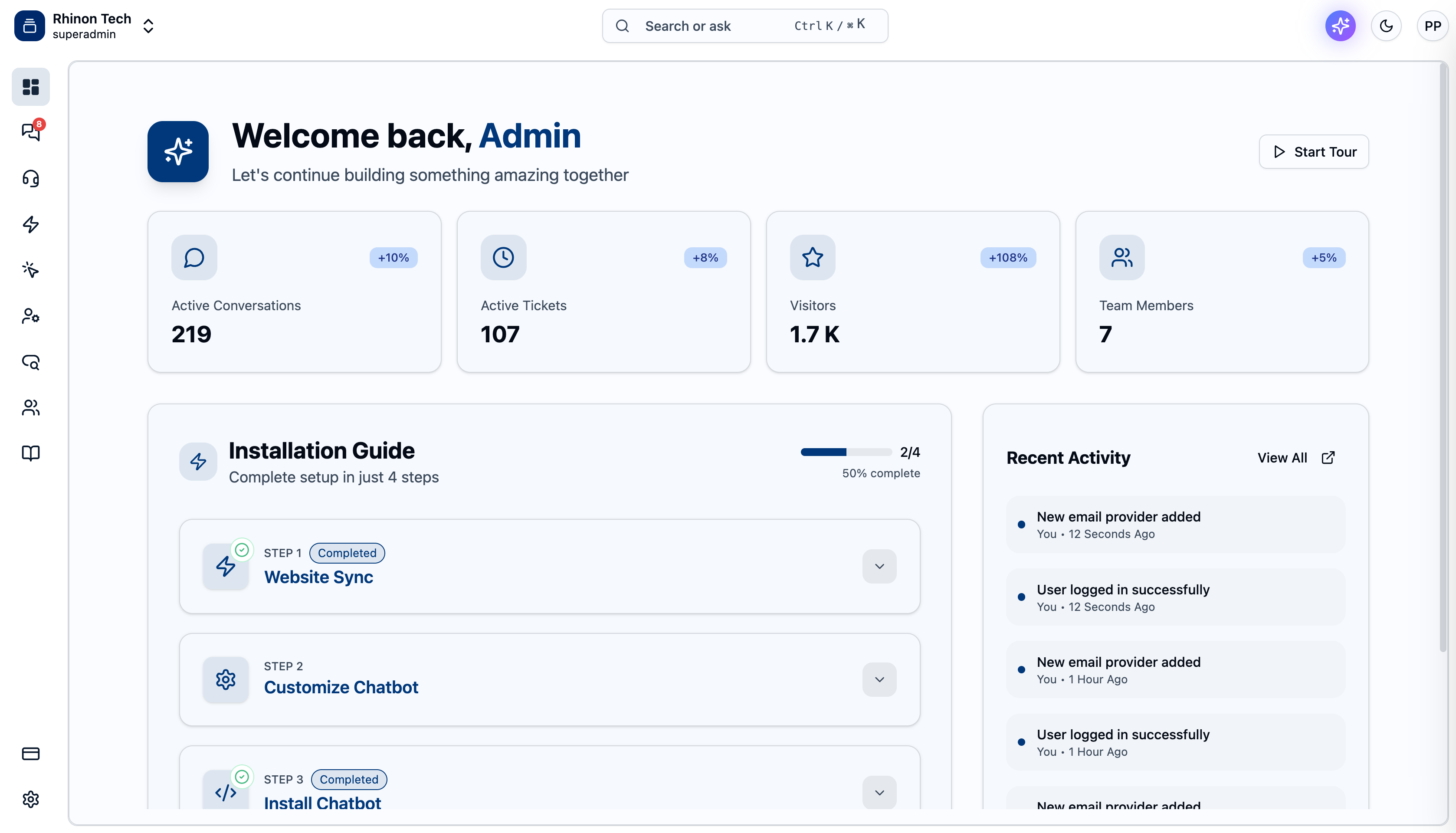 Rhinon AI chatbot dashboard interface showing CRM and customer support features